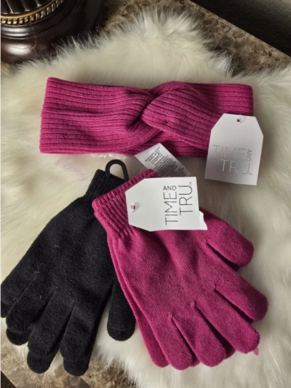 NWT Time and Tru Pink Headband & 2-Pair Gloves Winter Set